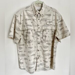 LL BEAN MENS SHORT SLEEVE BUTTON DOWN FLY FISHING CREAM GRAY SHIRT SIZE SMALL